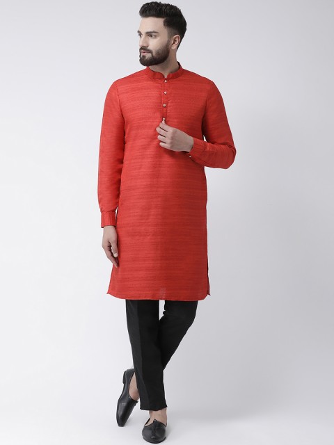 

I Know Men Red & Black Solid Silk Kurta with Trousers