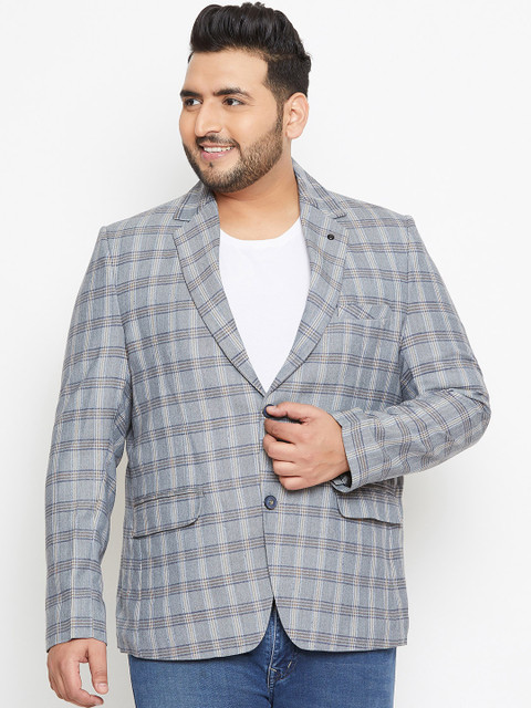 

Okane Men Grey & Navy Blue Checked Single-Breasted Blazer