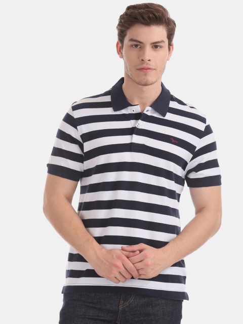 

Flying Machine Men Navy Blue Striped Polo Collar Pure Cotton T-shirt