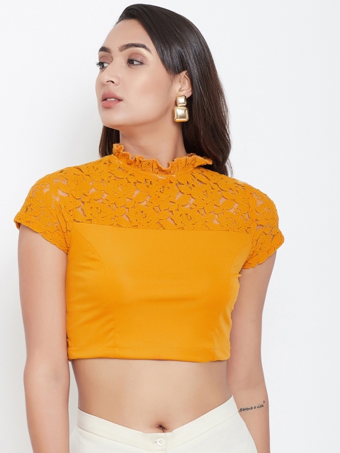 

Meee Women Mustard Yellow Self Design Crop Top