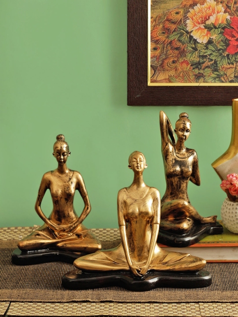 

TIED RIBBONS Set of 3 Gold-Toned & Black Yoga Lady Statue Showpieces
