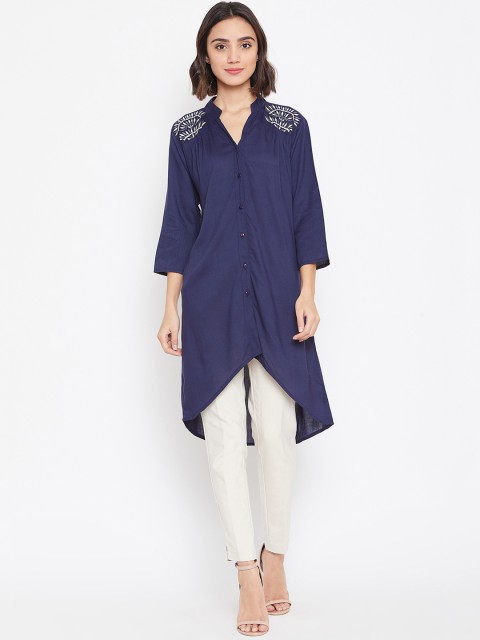 

Ruhaan's Womens Navy Blue Tunic with Embroidry on shoulder in Rayon