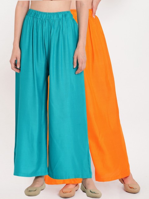 

TAG 7 Women Pack Of 2 Orange & Teal Blue Solid Flared Palazzos