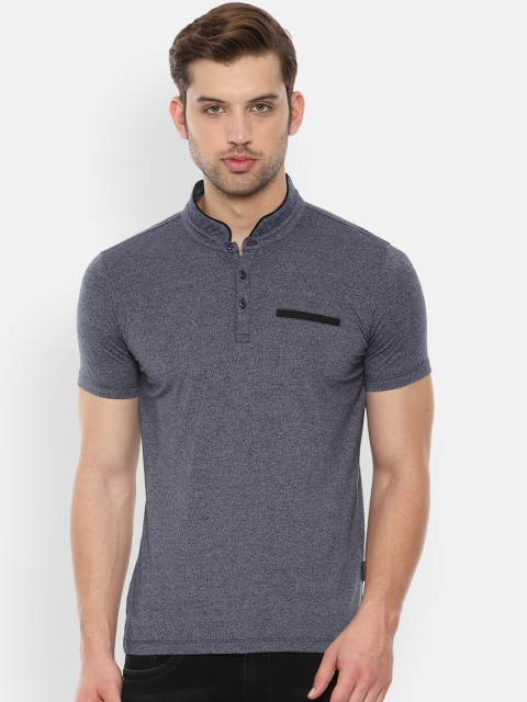 

V Dot Men Navy Blue Solid Slim Fit Mandarin Collar T-shirt
