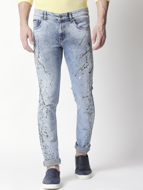 

BOLTS and BARRELS Men Blue Slim Fit Low-Rise Clean Look Printed Stretchable Jeans