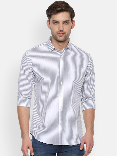 

V Dot Men Grey & White Slim Fit Striped Casual Shirt
