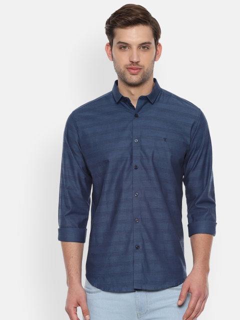 

V Dot Men Navy Blue Slim Fit Striped Casual Shirt