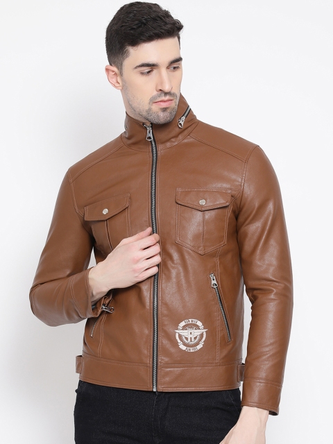 

Justanned Men Tan Brown Printed Biker Jacket