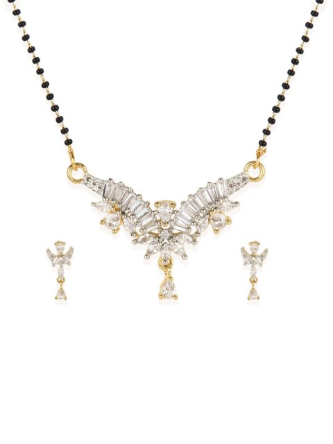 

Bhana Fashion Gold-Plated & Black Beaded AD-Studded Mangalsutra With Earrings
