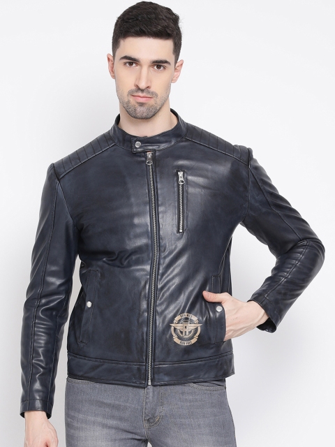 

Justanned Men Blue Solid Biker Jacket