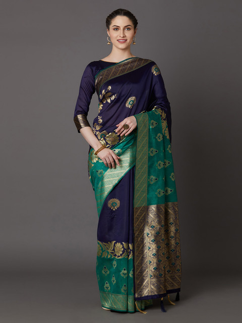 

Mitera Navy Blue & Green Silk Blend Woven Design Kanjeevaram Saree