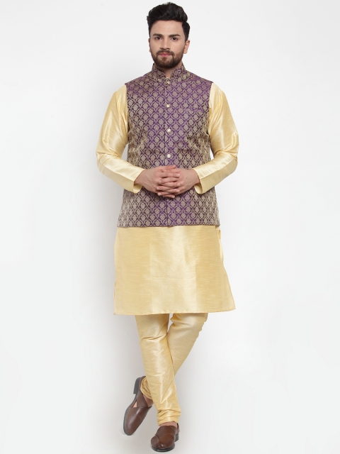 

Jompers Men Beige & Purple Solid Kurta with Churidar And Nehru Jacket