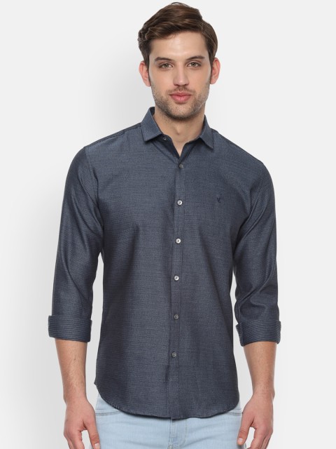 

V Dot Men Navy Blue Slim Fit Self Design Casual Shirt