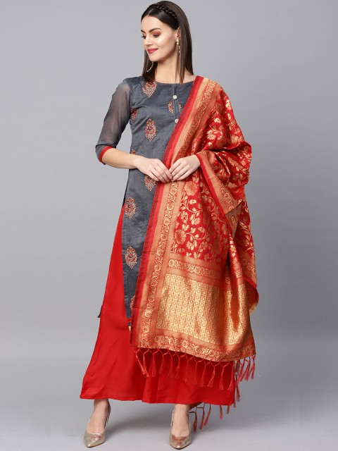 

Ishin Women Grey & Red Embroidered Kurta with Palazzos & Dupatta