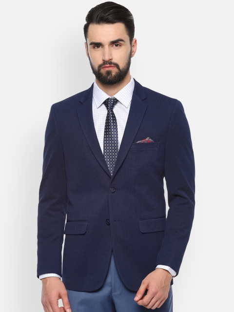 Van Heusen Men Navy Blue Self Design Single Breasted Slim Fit Blazer
