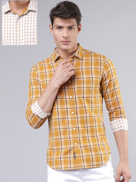 

Ecko Unltd Men Mustard Yellow & White Reversible Slim Fit Checked Casual Shirt