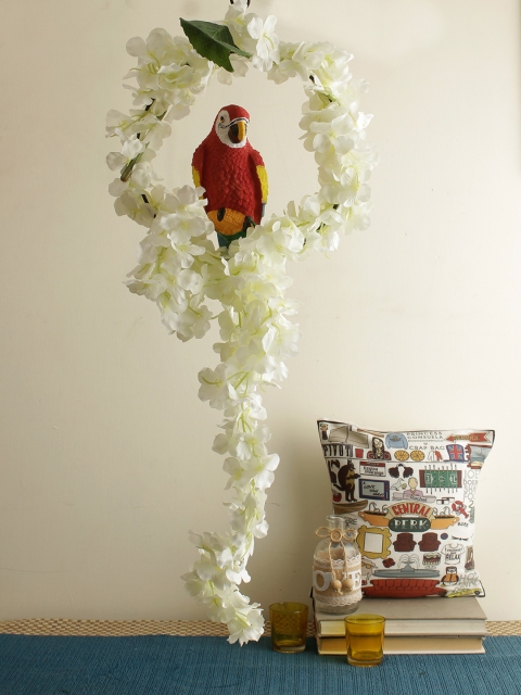 

TIED RIBBONS White Artificial Flower Bunch With Black Hanger & Parrot