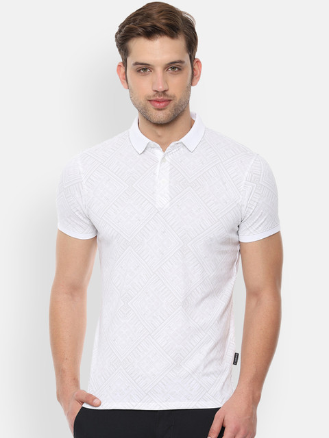 

V Dot Men White Printed Slim Fit Polo Collar T-shirt