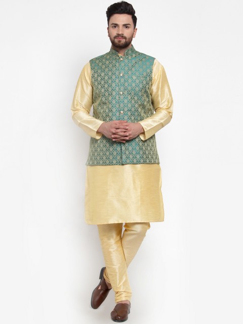 

Jompers Men Beige & Green Solid Kurta with Churidar And Nehru Jacket