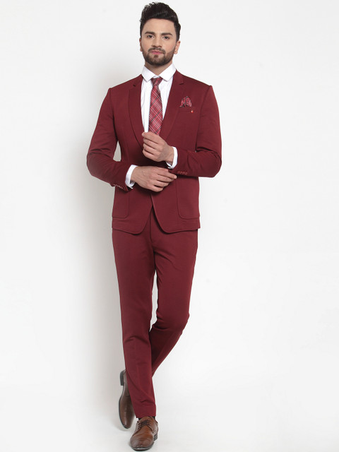 

LUXURAZI Men Maroon Solid Single Breasted Slim-Fit Suit