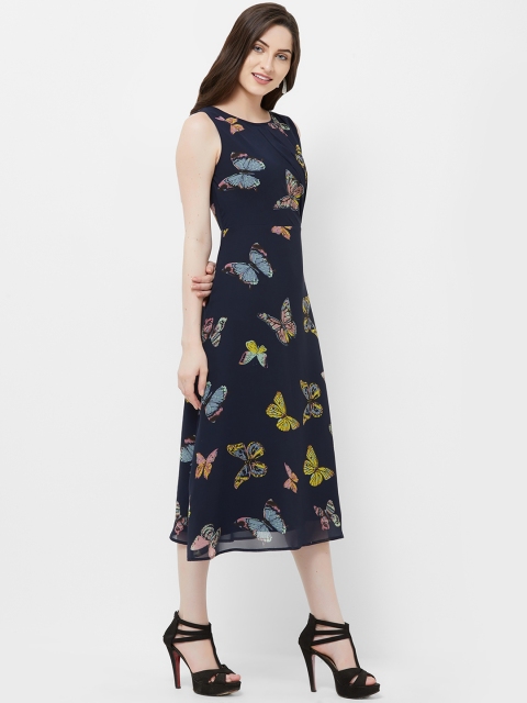 

MISH Women Navy Blue Printed Georgette Fit and Flare Dress