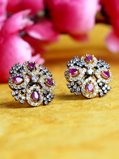 

Bhana Fashion Rhodium-Plated American Diamond Circular Studs, Magenta