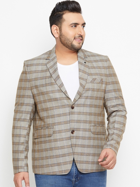 

Okane Men Beige & Brown Checked Single-Breasted Blazer