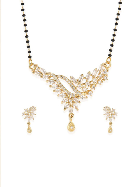 

Bhana Fashion Gold-Plated & Black Beaded AD-Studded Mangalsutra With Earrings