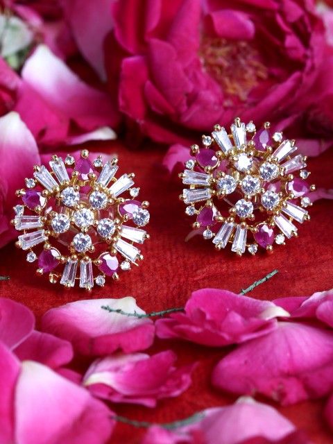 

Bhana Fashion Magenta & Gold-Toned American Diamond Rhodium-Plated Circular Studs