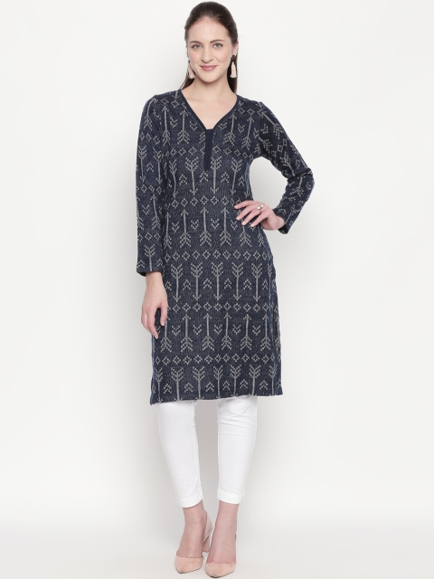 

RANGMANCH BY PANTALOONS Women Blue & White Woven Design Straight Kurta
