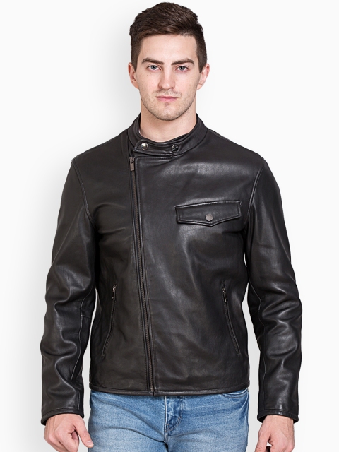 

Justanned Men Black Solid Leather Jacket