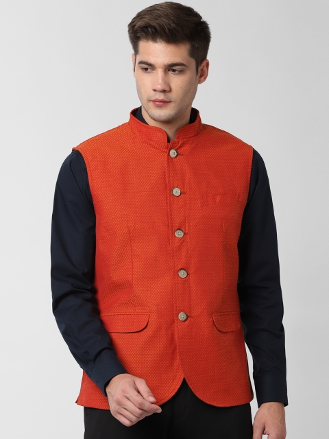 peter-england-men-orange-woven-design-nehru-jacket