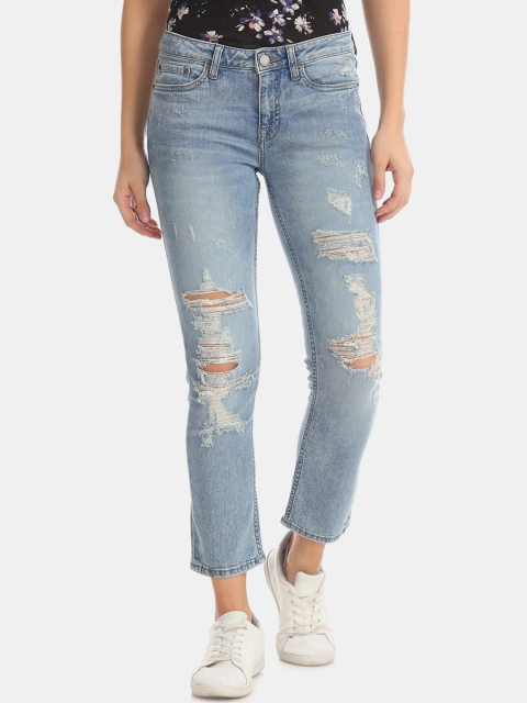 

Aeropostale Women Blue Straight Fit Mid-Rise Highly Distressed Stretchable Jeans