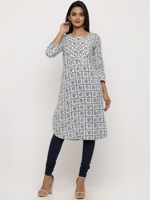 

BUYCLARA Women Blue & Off-White Printed Straight Kurta