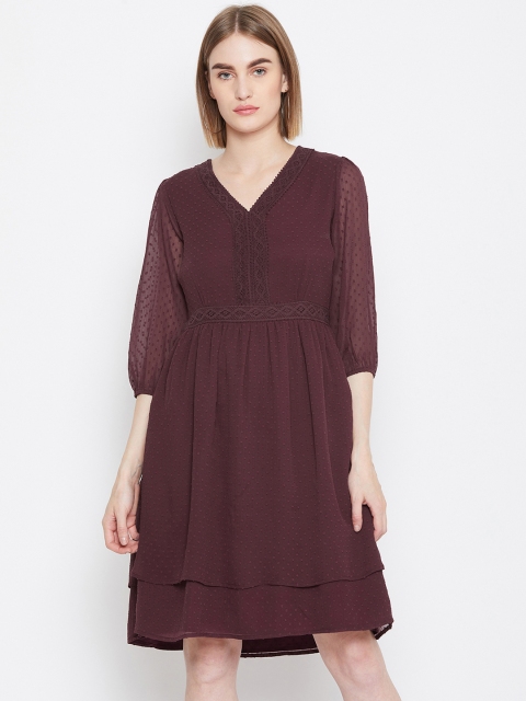 

Femella Women Burgundy Self Design Fit and Flare Dress