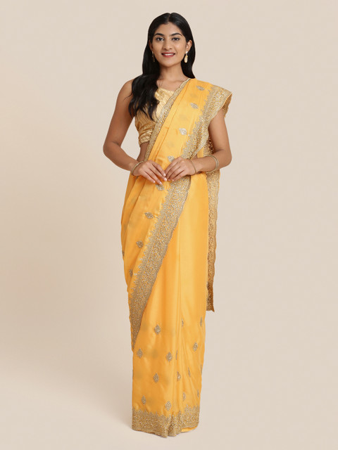

Koskii Yellow & Beige Poly Georgette Embroidered Saree