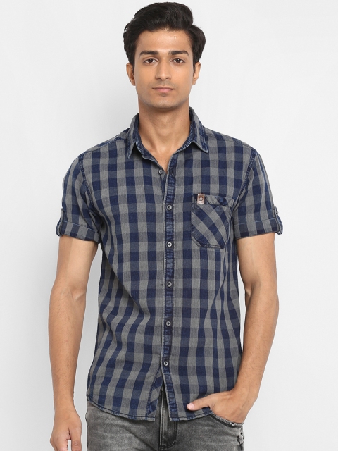 

Mufti Men Navy Blue & Grey Slim Fit Checked Casual Shirt