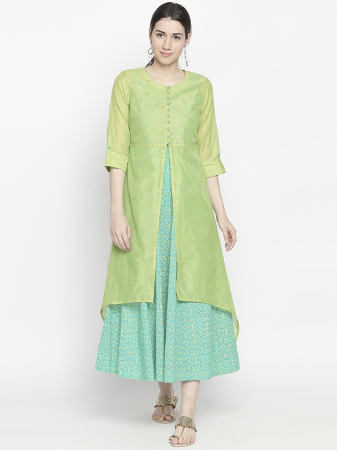 

RANGMANCH BY PANTALOONS Women Lime Green Embroidered Fit and Flare Ethnic Dress
