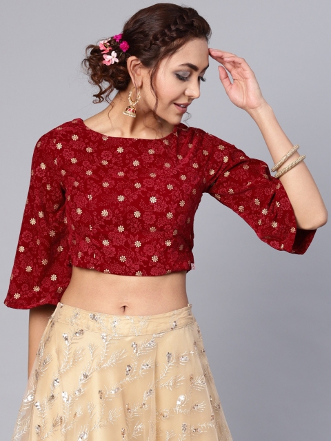

Juniper Women Maroon & Gold-Toned Foil & Khari Printed Velvet Saree Blouse