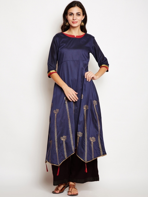 

studio rasa Women Navy Blue Hand Block Printed A-Line Kurta