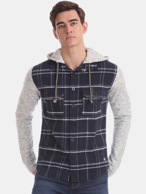 

Aeropostale Men Navy Blue & White Regular Fit Checked Hooded Shacket