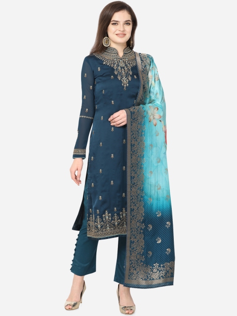 

Stylee LIFESTYLE Navy Blue & Gold-Coloured Satin Semi-Stitched Dress Material