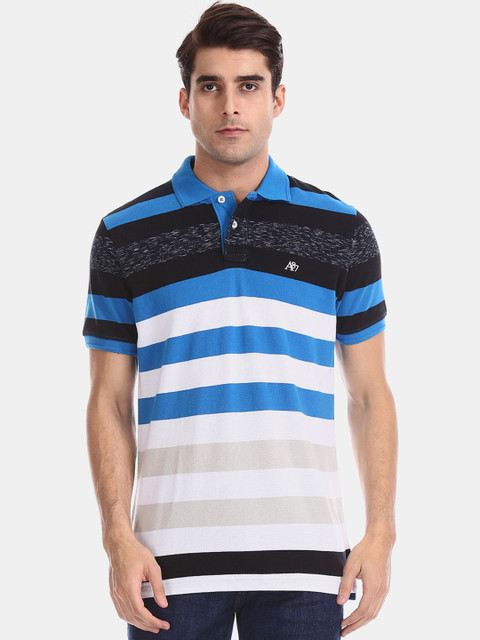 

Aeropostale Men Blue Striped Polo Collar T-shirt