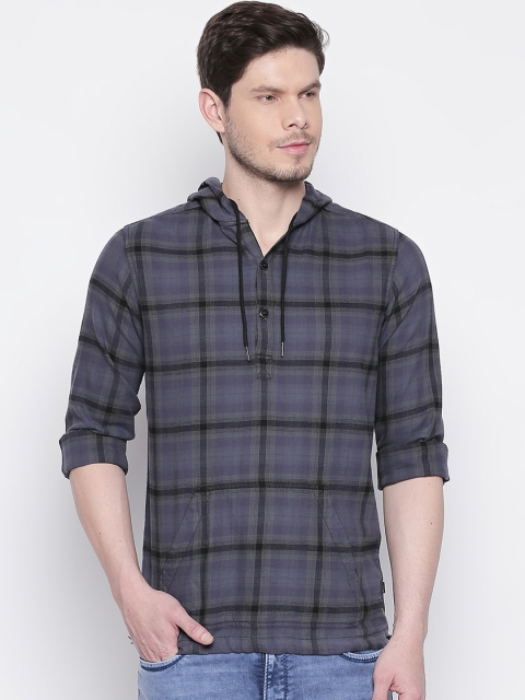 

Mufti Men Grey & Black Slim Fit Checked Casual Hooded Shirt
