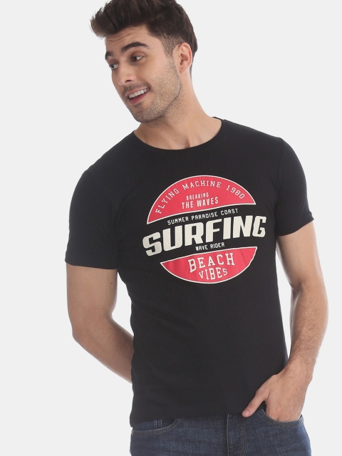 Men Black Red Printed Round Neck Pure Cotton T-shirt