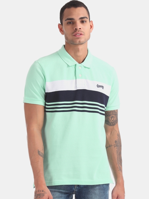 Aeropostale Men Green & Navy Blue Striped Polo Collar T-shirt