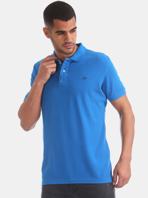 

Aeropostale Men Blue Solid Polo Collar Pure Cotton T-shirt
