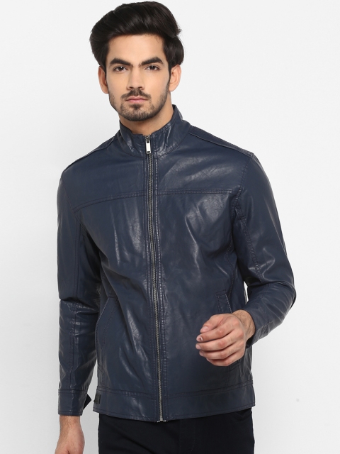 

Mufti Men Navy Blue Solid Biker Jacket
