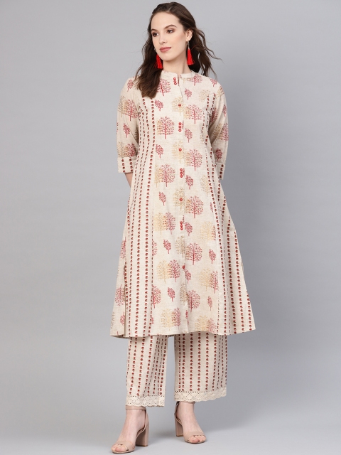 

Juniper Women Beige & Red Foil Print Straight Kurta