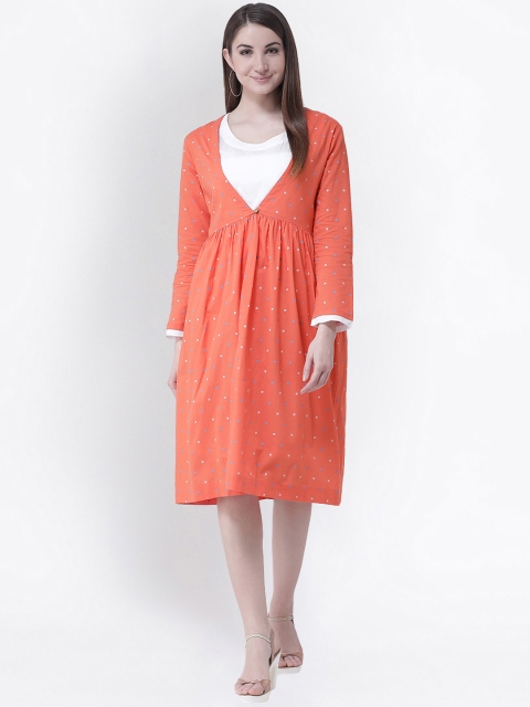 

Aayna Women Orange Printed Fit and Flare Dress